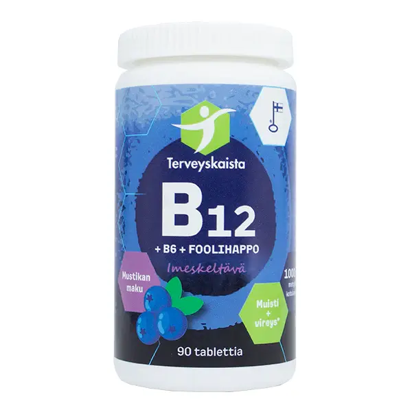 B12 + B6 + Foolihappo, imeskeltävä (mustikka) 90 tabl