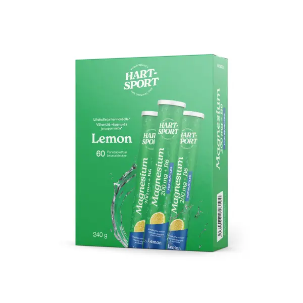 Hart-Sport Magnesiumporetabletti 200 mg + B6, Sitruuna 20kpl x 3kpl